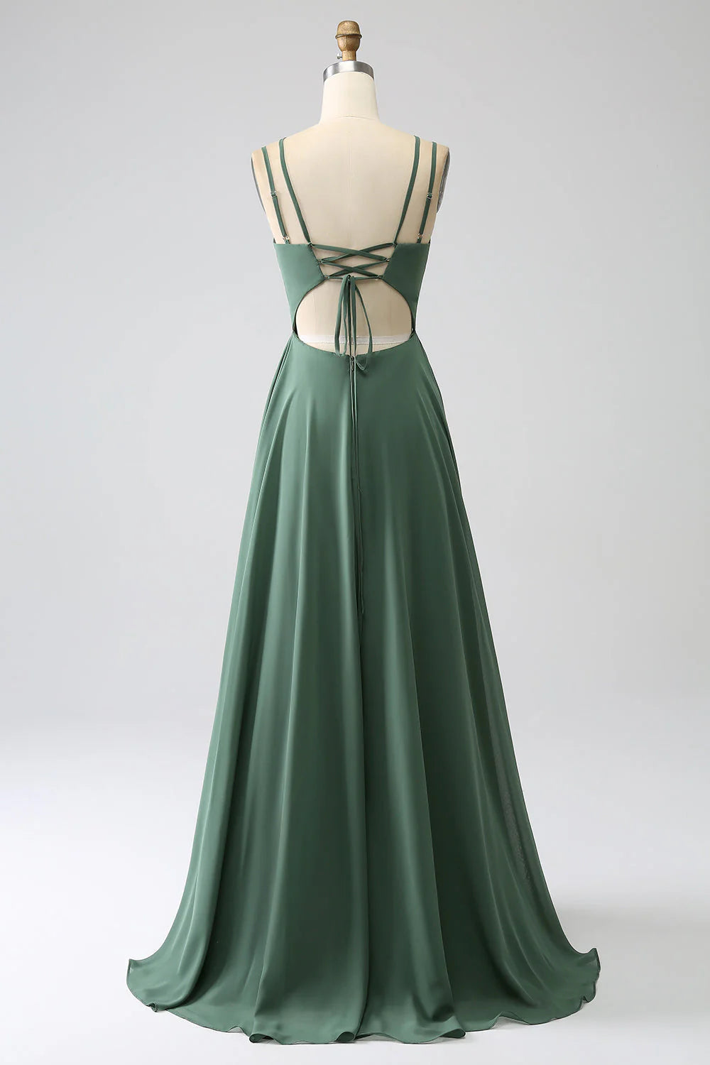 Vestido de dama de honor largo plisado con espalda descubierta y tirantes finos en forma de A